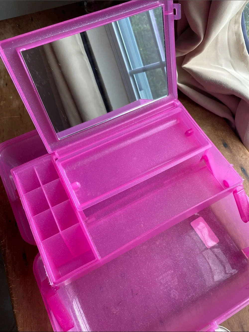 Pink Glitter Translucent Caboodle with Mirror Makeup Caddy Craft Caddy